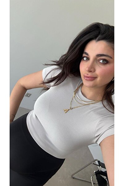 Bade Butik Tricou elastic Leo Crop de culoarea piatră material elastic