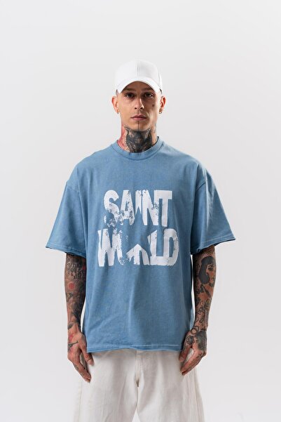 Respire Men's Star Printed Washable Oversize T-Shirt Blue