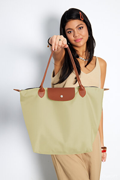 şengüler çanta Folding Zippered Large Size Women's Hand and Shoulder Bag Cream