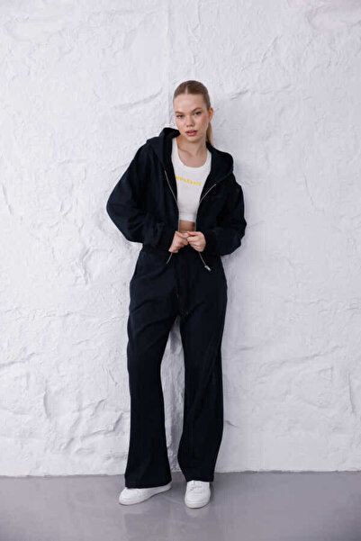 MOSRANİC Kadın Siyah Oversize Fermuarlı Kapüşonlu Eşofman Takımı MSC 2603