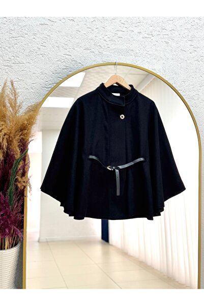 BENAHOLL Capique Tek Düğmeli Kemerli Kaşe Panço-Çİ457 Siyah