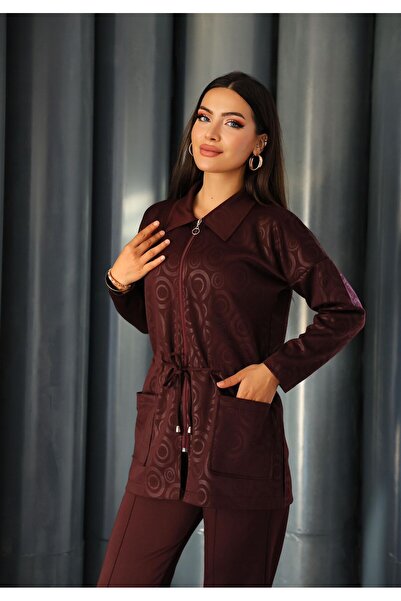 QUAWEAR Πλεκτό υφασμάτινο σετ δύο τεμαχίων με τυπωμένο πουκάμισο με γιακά, ψεύτικη τσέπη, κορδόνια, κλείσιμο με φερμουάρ, τουνίκ και παντελόνι