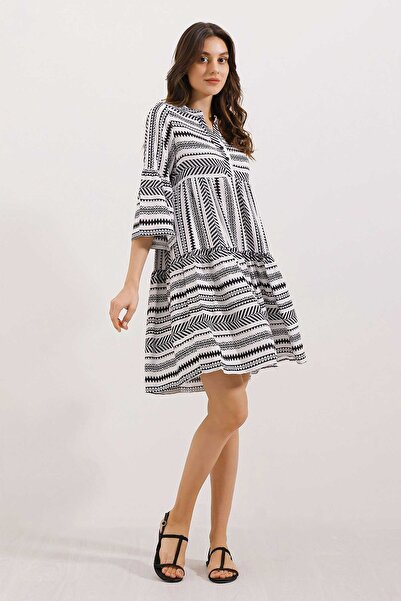 Hiccup Geometric Pattern Mini Dress with Shirt Collar