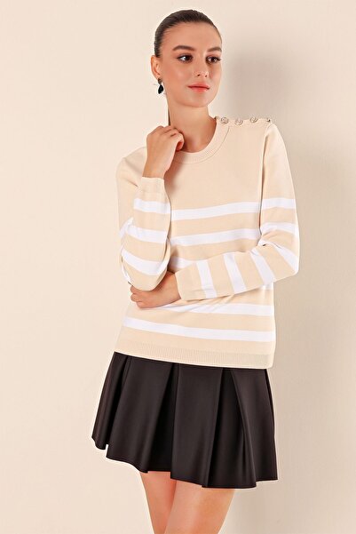 Hiccup Bdart Striped Acrylic Straight Neck Sweater with Button Detail