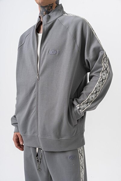 Respire Мъжка суитшърт с двойна ципа, с якичка и ленти с дамаска, в цвят димен сив