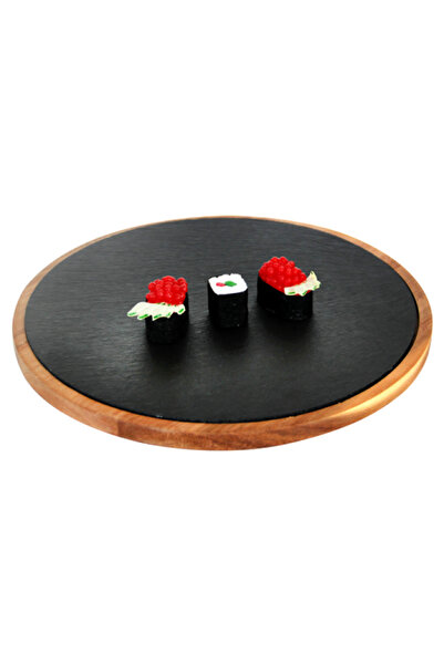 Raki Platou ardezie rotund sevire cu suport lemn 32xh1,5cm