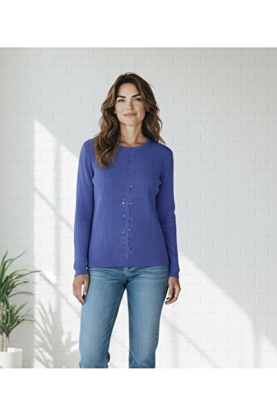 ECE GİYİM Women's Front Stone-Embellished Self-Patterned Zero-Collar Blouse