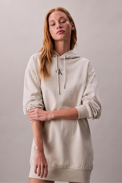 Calvin Klein Kadın Rahat Kalıp Kapüşonlu Sweatshirt Elbise - Bej Melanj