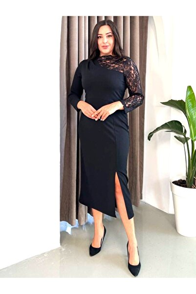 Şirin Butik Γυναικείο μαύρο φόρεμα μεγάλου μεγέθους με έναν ώμο και λεπτομέρεια από δαντέλα άνοιγμα ελαστικό βραδινό φόρεμα