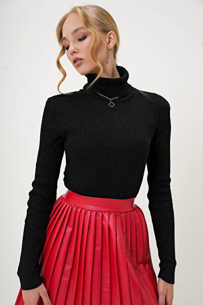 Mila Siyah Balıkçı Yaka Fitilli Triko Kazak