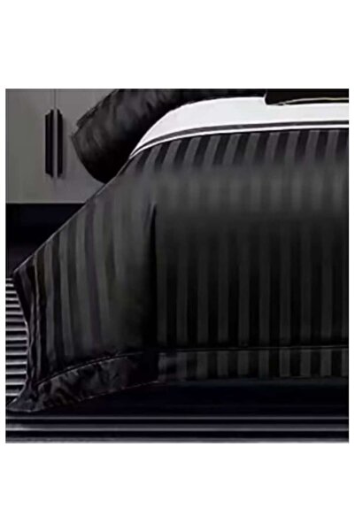 BLA BLA FOAM Lenjerie de pat damasc cu dungi – Negru, 6 piese, 200x230 cm