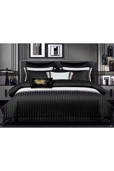 BLA BLA FOAM Lenjerie de pat damasc cu dungi – Negru, 6 piese, 200x230 cm