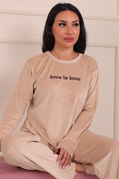 Niket Life Love is Love Sloganlı Uzun Kollu Kadife Pijama Takımı
