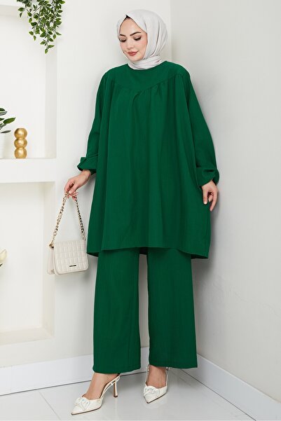 Bestenur Muslin Tunic Παντελόνι Σετ δύο τεμαχίων 1558 - Emerald Green