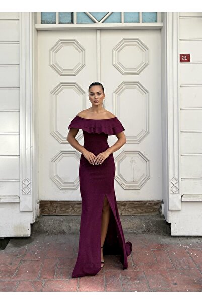 Modafeminen Simli Düşük Omuz Fırfırlı Yırtmaç Detaylı Abiye Elbise Açık Mor 583175