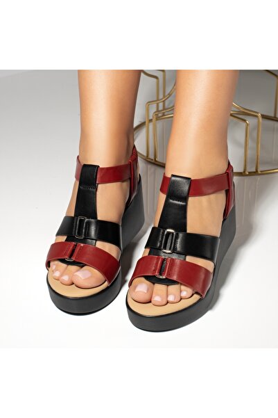 BMoD Sandale cu platformă pentru femei, negre și roșii, cu baretă elastică MO...
