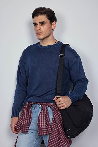 ablukaonline Men's Oversize Crew Neck Basic Knit Sweater Navy Blue