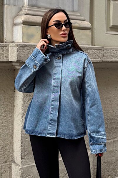 VAGGON Kadın Mavi Düğme Kapamalı Yakası Gizli Düğmeli Denim Ceket Vs01239