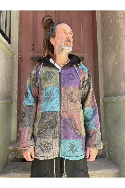 Bohoyasam Unisex Nepal Baja Polarlı Kaban Mont, Kalın Mont, İçi Polar Kaban, Kamp Mont, Patchwork