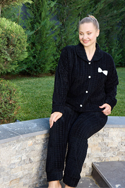 Miss Meryem Siyah Welsoft Yumuşacık, Sıcak Tutan ve Rahat Büyük Beden Düğmeli Pijama Takım