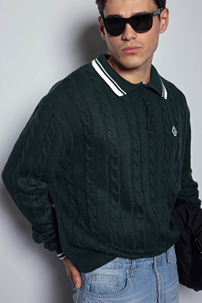 ablukaonline Men's Oversize Polo Neck Knitted Patterned Sweater Green