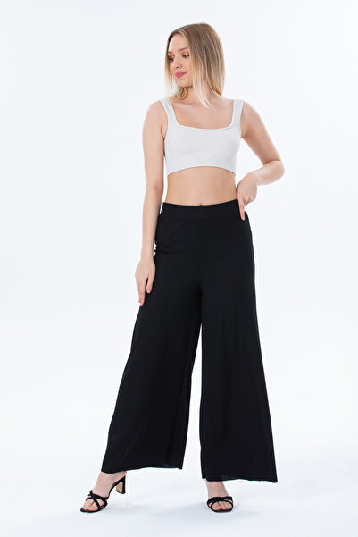 Gül Moda Black Elastic Waist Plus Size Pants Wide Leg