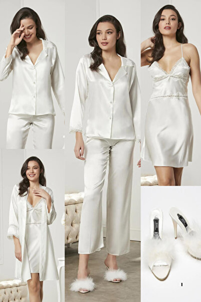 Mavelle Women's Satin Six-Piece Nightgown Dowry Set - with Slippers as a Gift