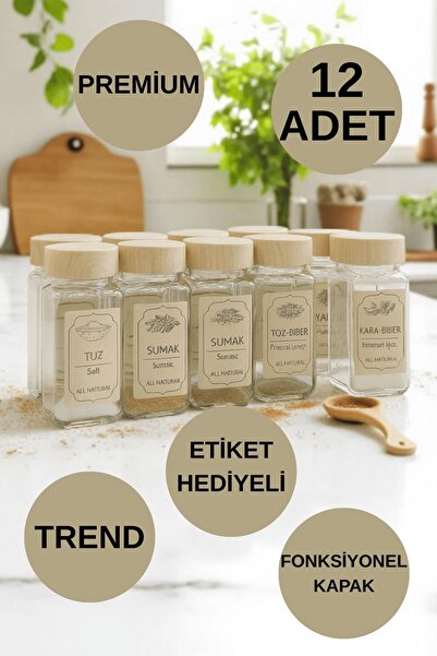 İLİVA 12'li Cam Baharatlık Takımı-Kare Form Kavanoz-Fonksiyonel Kapaklı-Etiket Hediyeli-Mutfak Düzeni İçin