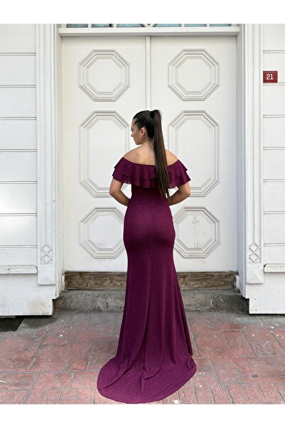 Modafeminen Simli Düşük Omuz Fırfırlı Yırtmaç Detaylı Abiye Elbise Açık Mor 583175