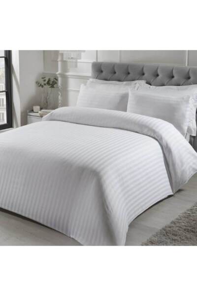 E EFRALL Damask Bed Linen Set for Double Bed with Elastic, 6 Pieces - White, 200x230 cm