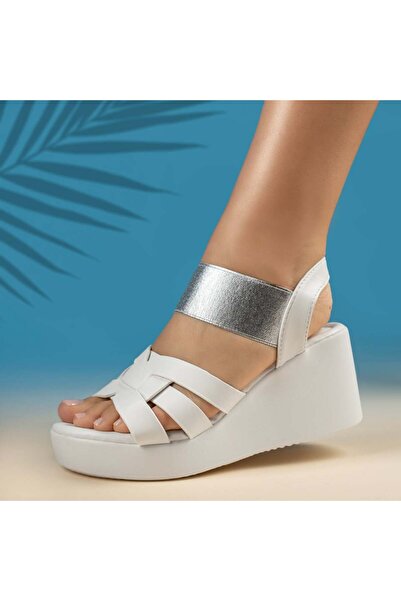 BMoD Sandale albe pentru femei cu platformă și baretă elastică MOD13882
