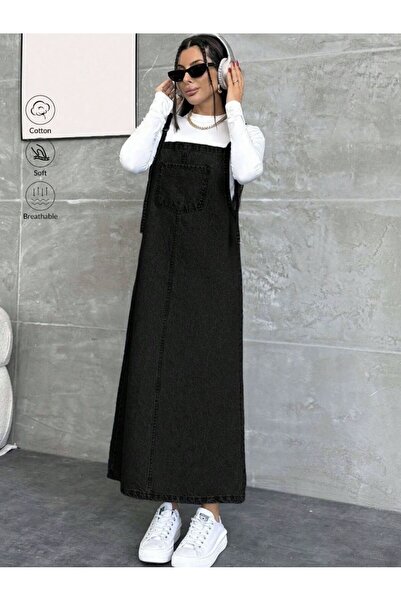 SHEVEGA KADIN UZUN SİYAH BAHÇIVAN ASKILI ELBİSE