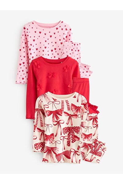 Next Baby Cotton Red Bow / Heart Patterned Long Sleeve 3-Piece Top and Bottom Set / Pajamas