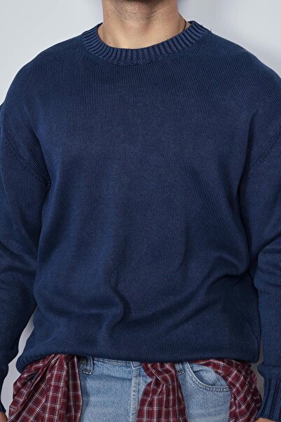 ablukaonline Men's Oversize Crew Neck Basic Knit Sweater Navy Blue