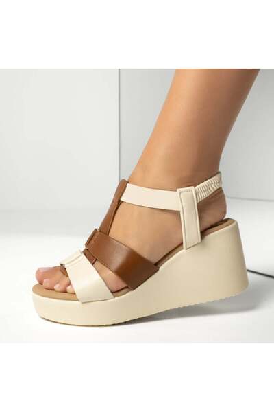 BMoD Sandale de damă bej și maro cu platformă și baretă elastică MOD13885