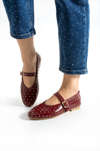 nevanın pabuçları Katya Trop Detailed Leather Comfortable Fit Women's Ballet Flats