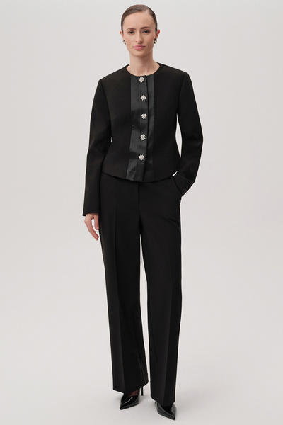 Exquise Regular Black Jacket with Pocket, Crew Neck, Long Sleeves, and Stone Buttons