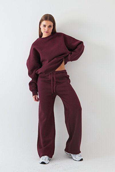 The Champ Clothing Uniszex oversize melegítő szett, Basic bordó – Kerek nyakú, bő szárú, 3 szálú, bordázott polár