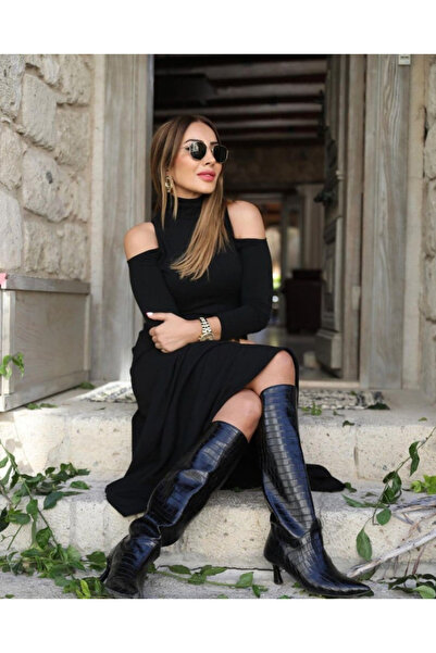 Sisa Butik Kadın Balıkçı Yaka Omuzlardan Açık Uzun Kollu Crep Kumaş Elbise