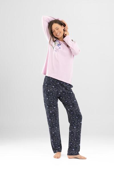 BAYKAR Γυναικείο σετ πιτζάμες με μακρυμάνικο λουλουδάτο στάμπα από βαμβακερό λαιμόκοψη 9920 Dusty Pink