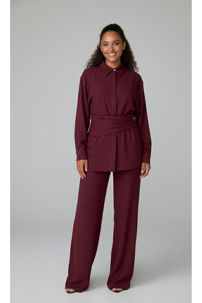 My Blog Bordo Gold Accessory Buttoned Shirt Trouser Set - 8856