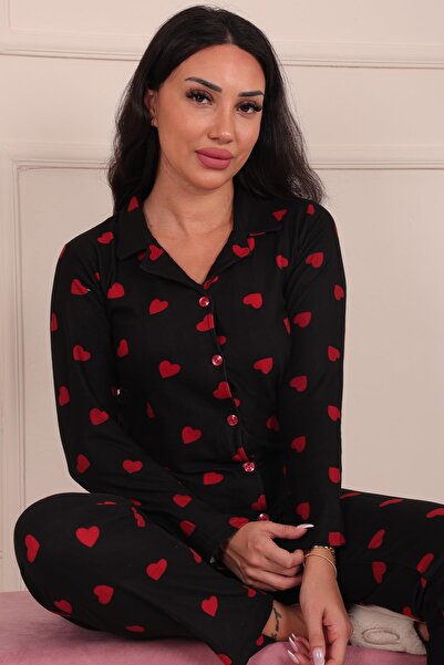 Niket Life Γυναικείο σετ πιτζάμες από σουέτ με κουμπιά μπροστά με σχέδιο καρδιάς