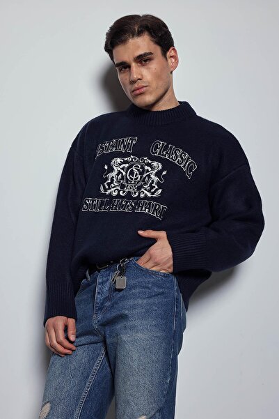 ablukaonline Pulover pentru bărbați, oversize, cu gât rotund, brodat, albastr...