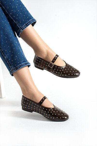 nevanın pabuçları Katya Trop Detailed Leather Comfortable Fit Women's Ballet Flats