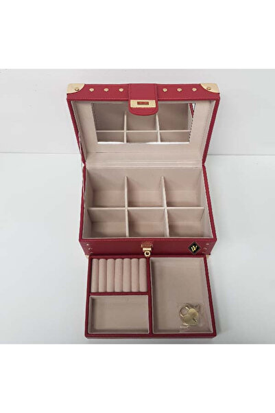velve Box for accessories and jewelry with mirror, made of genuine leather, in the shape of a chest, red, Red