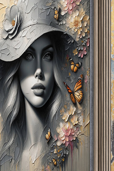 dreamwall Şapkalı Kadın Çiçek ve Kelebekli Antik Sütunlar Desenli Duvarı Tamamen Kaplayan Duvar Kağıdı