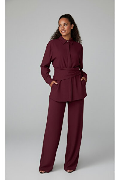 My Blog Bordo Gold Accessory Buttoned Shirt Trouser Set - 8856