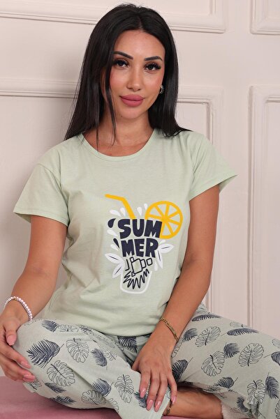 Niket Life Summer Sloganlı Kısa Kol Alt Uzun Pijama Takımı Mint