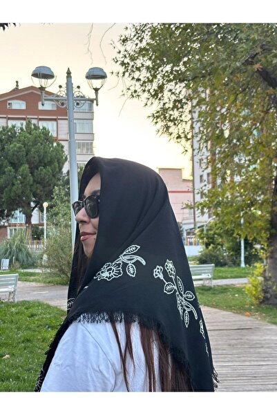 Sobe Hediyelik Black Printed Cotton Scarf for Writing – Casual and Dowry Writing Headscarf