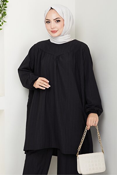 Bestenur Tunic Trousers Double Set 1606 - Black